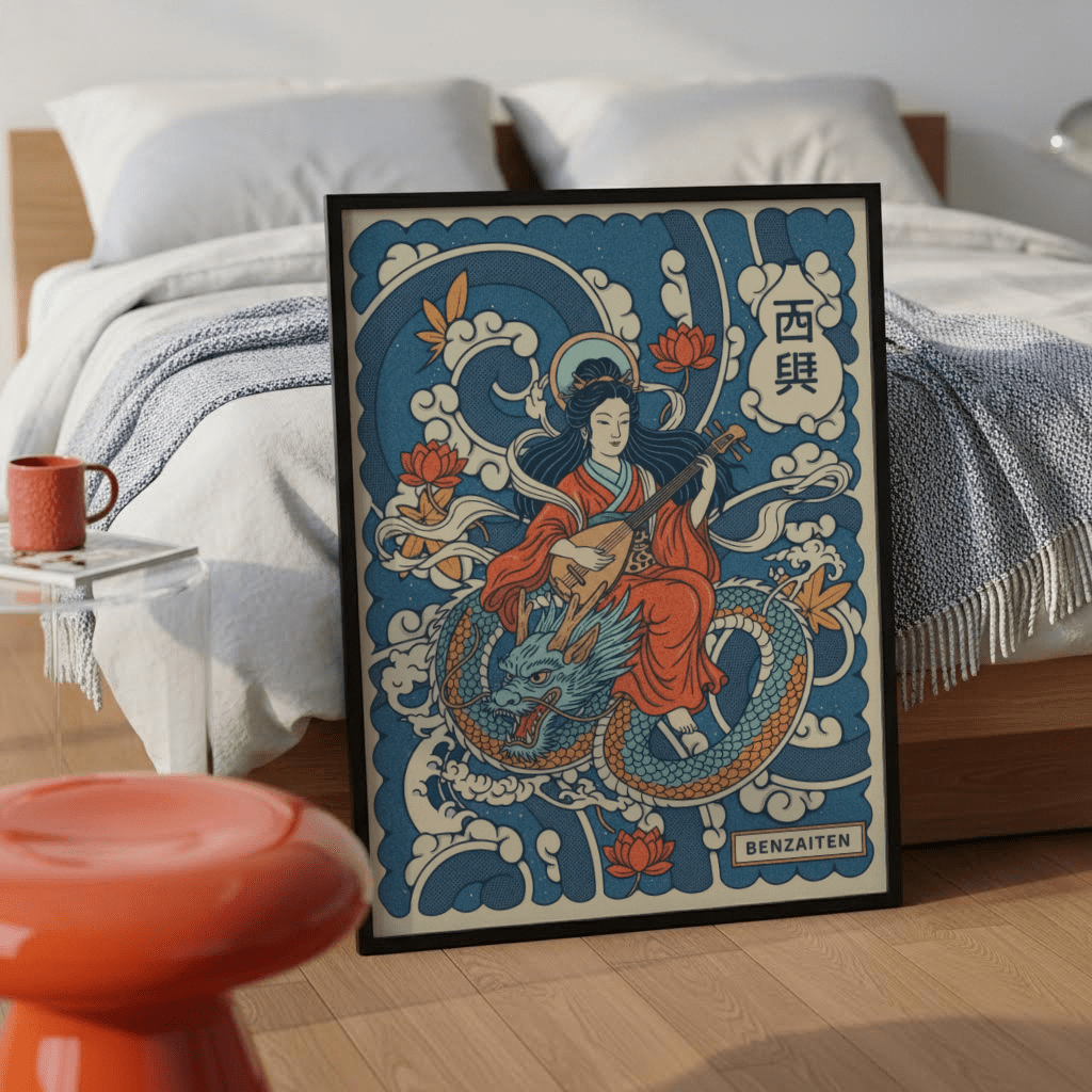 Mythic poster showing robed deity seated on a coiled dragon with cloud motifs