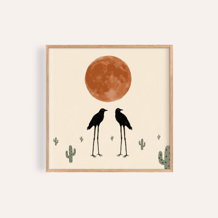 Cactus Bird Wall Art illustrated print with two black birds and large moon