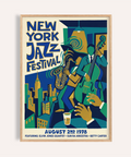 Jazz Music Poster with saxophonist and upright bassist on geometric stage