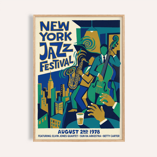 Jazz Music Poster with saxophonist and upright bassist on geometric stage