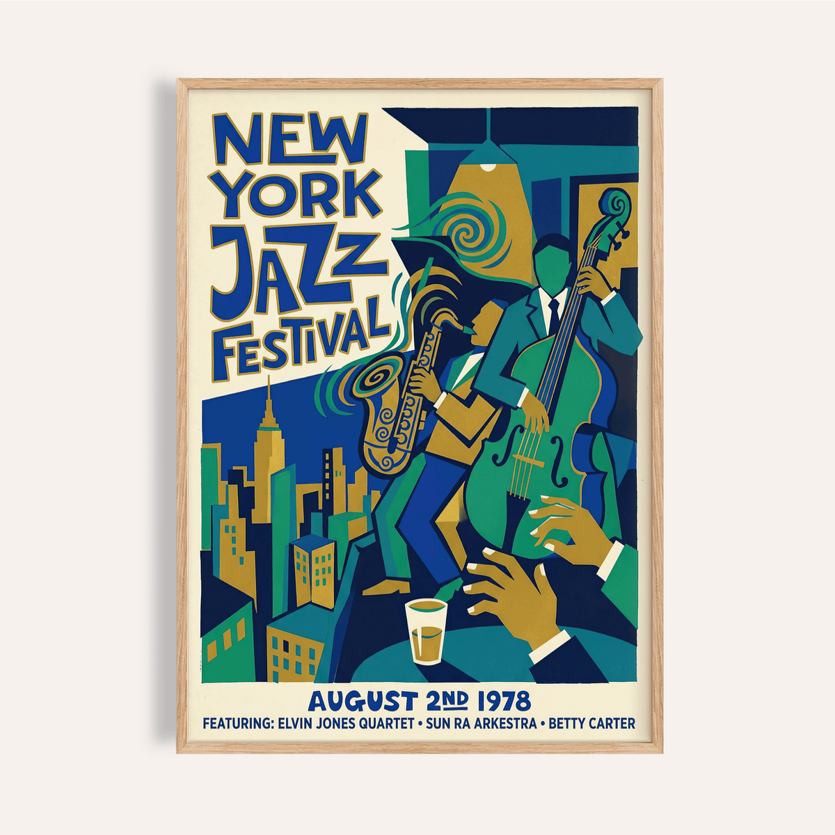 Jazz Music Poster with saxophonist and upright bassist on geometric stage