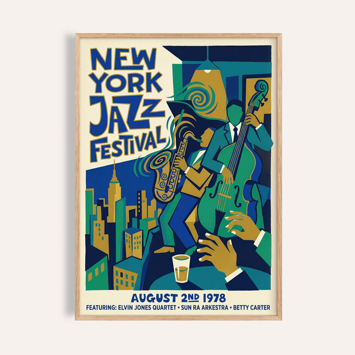 Jazz Music Poster with saxophonist and upright bassist on geometric stage