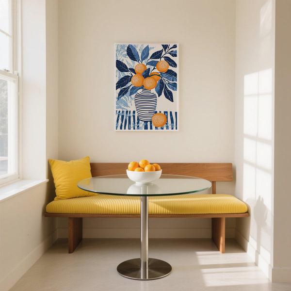 Kitchen decor idea featuring orange blue wall art in natural wood frame.