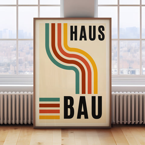 Colourful Bauhaus wall art with mid-century modern lines, perfect for living room accents

