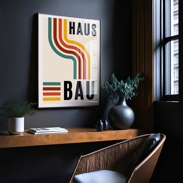 Desk backdrop with modern Bauhaus artwork for the office