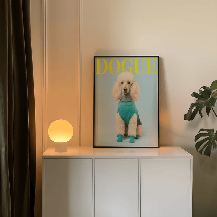 Pet Wall Decor print of a white poodle in a turquoise sweater leaning on a cabinet next to a globe lamp