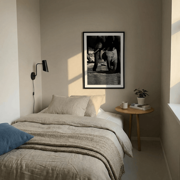 Detailed elephant calf poster print with rippling water foreground