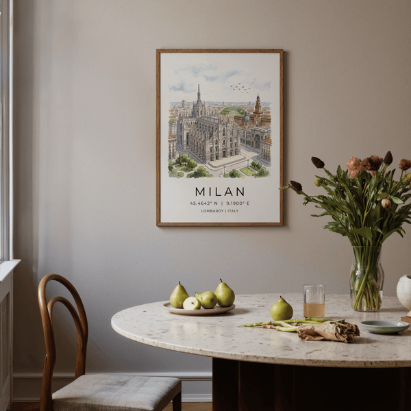 Detailed architectural illustration poster featuring the Duomo di Milano with ornate spires and arched windows