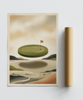 Rendered abstract golf poster with hovering green platform and shaded ground below
