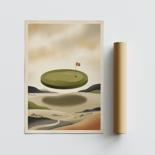Rendered abstract golf poster with hovering green platform and shaded ground below