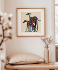 Whimsical greyhound artwork in modern style.