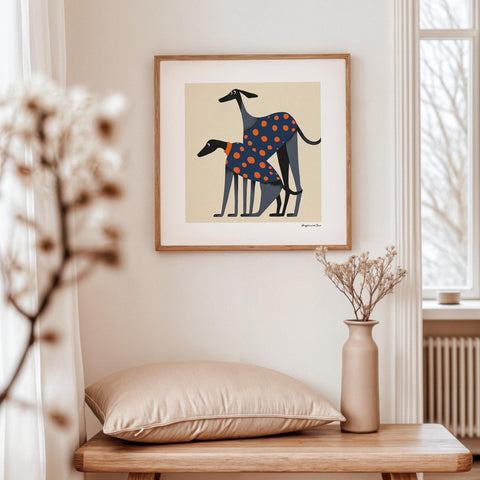 Whimsical greyhound artwork in modern style.