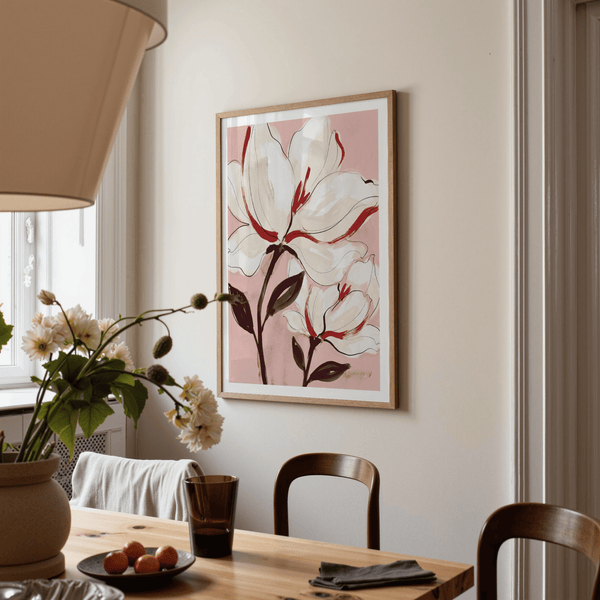 Flat lay of unframed Flower Print with soft pink canvas
