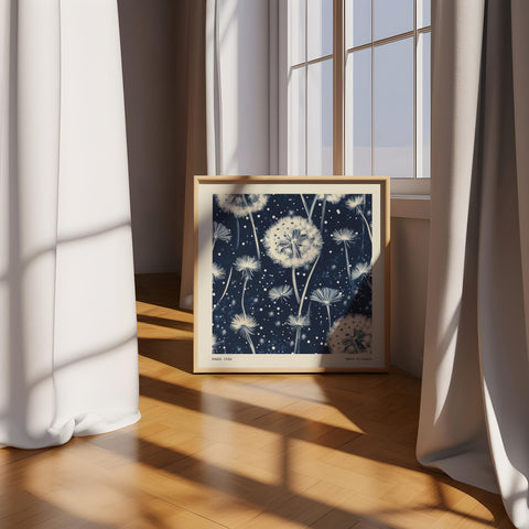 Dandelion wall art featuring white floral details.