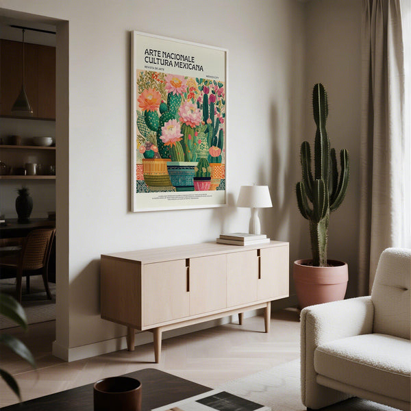 Bright floral illustration used in Mexican wall art for living room decor with folk art influences.