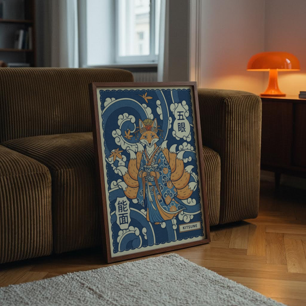 Graphic poster print of Japanese fox character with swirling ocean-like waves and scalloped border