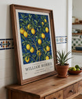 Lemon Wall Art for Kitchen in William Morris botanical style with deep indigo foliage.
