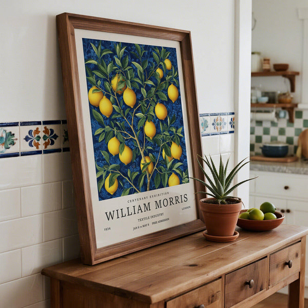 Lemon Wall Art for Kitchen in William Morris botanical style with deep indigo foliage.