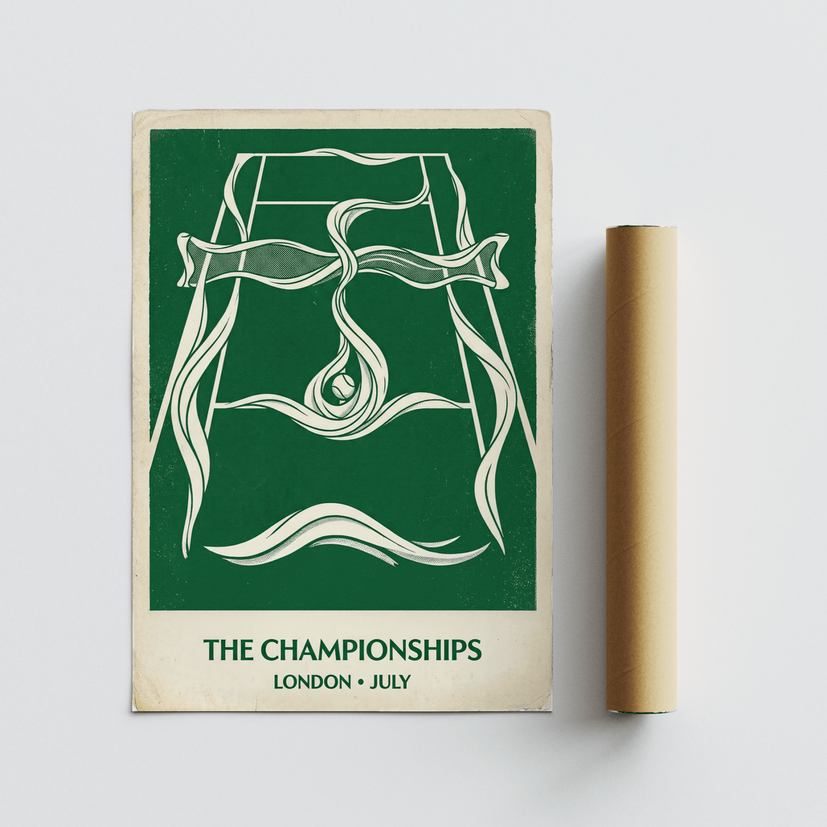 Decorative tennis wall art print showing court frame, wavy bands, and small ball motif