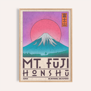 Mt Fuji art print of a blue and pink mountain illustration framed in light wood