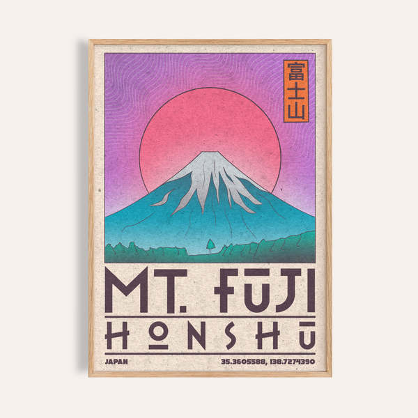 Centered Mt Fuji Art Print poster with sun disc and wave-pattern sky