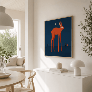 Night-sky rabbit poster with crescent moon and open negative space