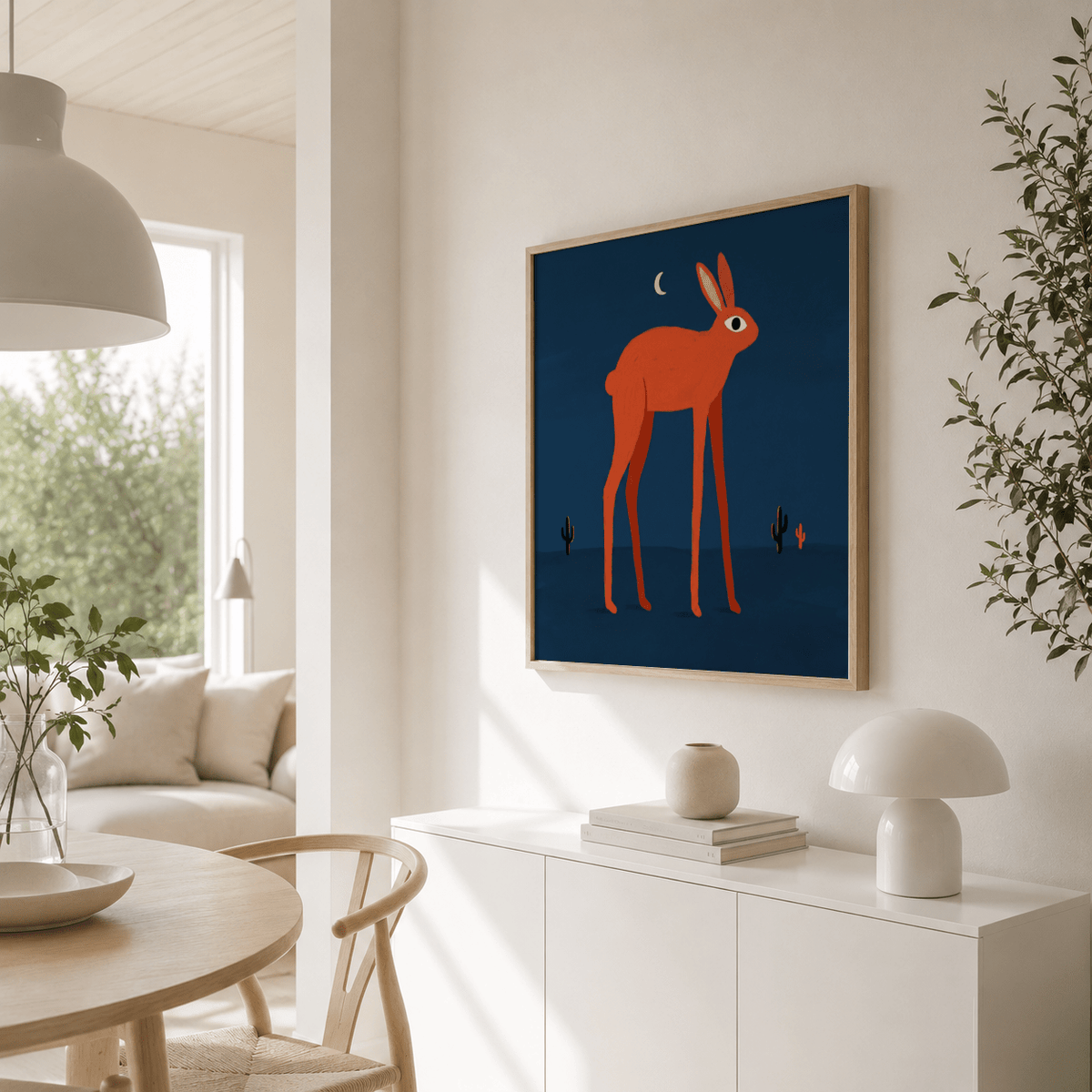 Night-sky rabbit poster with crescent moon and open negative space