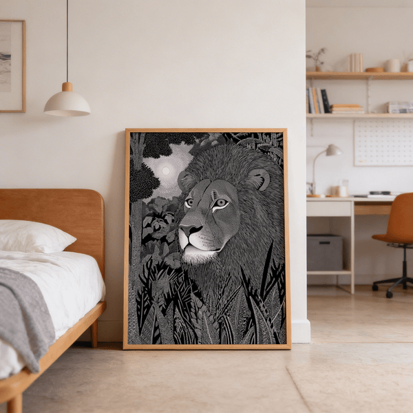 Graphic ink-style lion illustration wall art with layered plants and textured background