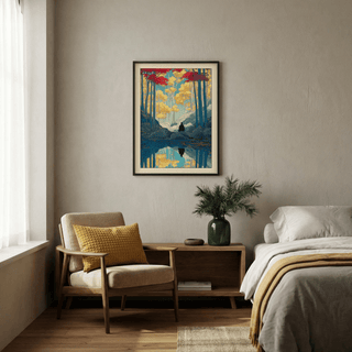 Nature illustration print with vertical tree trunks and mirrored scene across the waterline