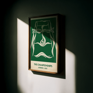 Graphic tennis poster wall art with outlined court and sweeping curved ribbons