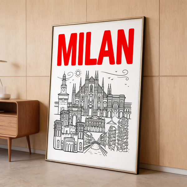 Graphic Milan City Wall Art featuring cathedral spires, tower, and city montage