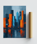 Urban Abstract City Poster print featuring bold orange and blue for office wall art