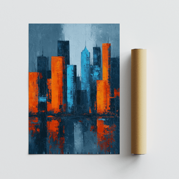 Urban Abstract City Poster print featuring bold orange and blue for office wall art