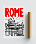 Travel-themed city poster capturing Rome architecture under strong headline