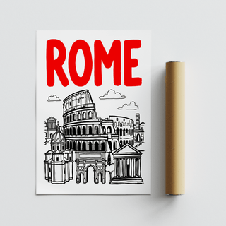 Travel-themed city poster capturing Rome architecture under strong headline