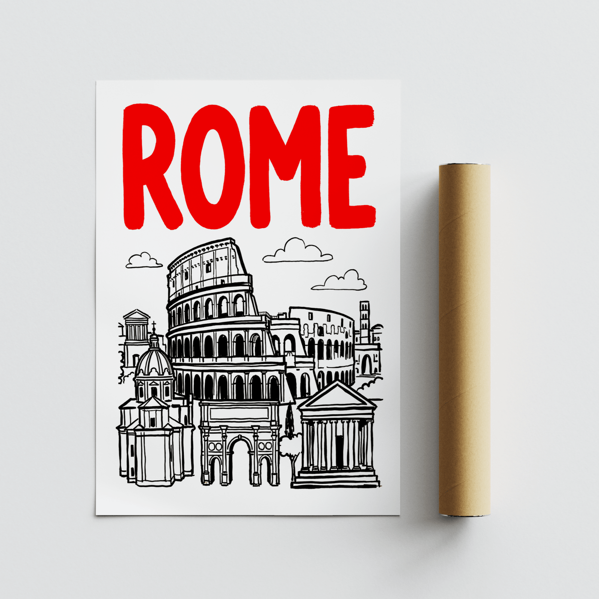 Travel-themed city poster capturing Rome architecture under strong headline