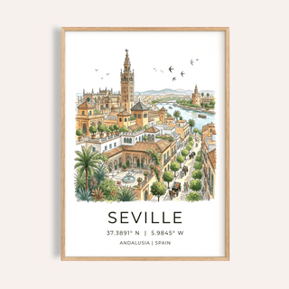 Illustrated Seville Art Print poster with cathedral tower, river, and rooftops