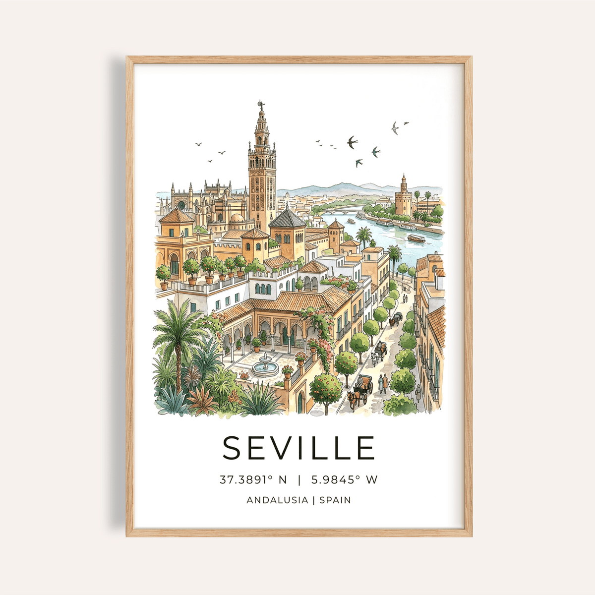 Illustrated Seville Art Print poster with cathedral tower, river, and rooftops