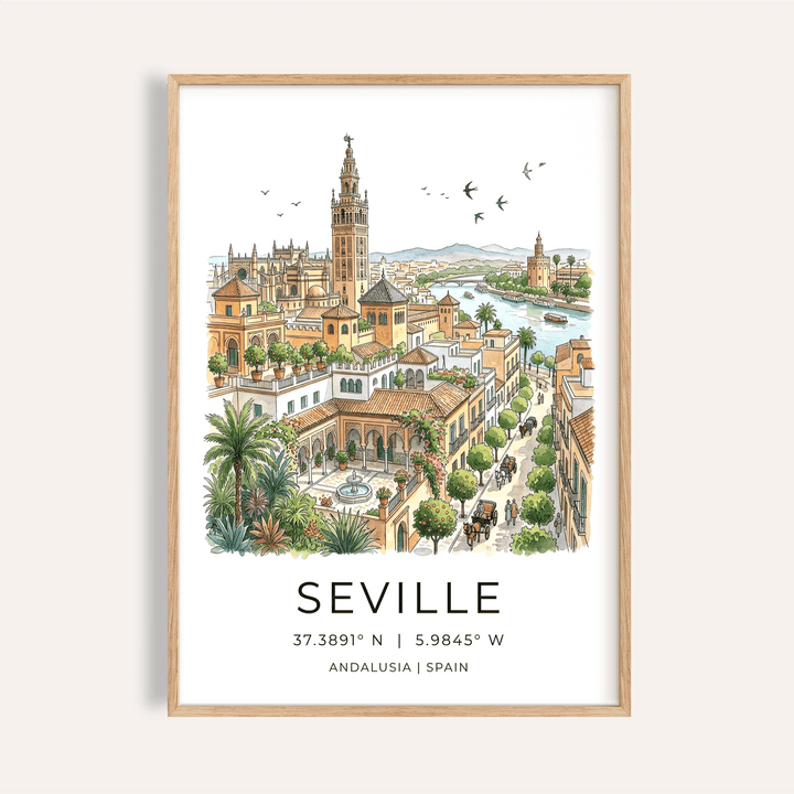 Illustrated Seville Art Print poster with cathedral tower, river, and rooftops