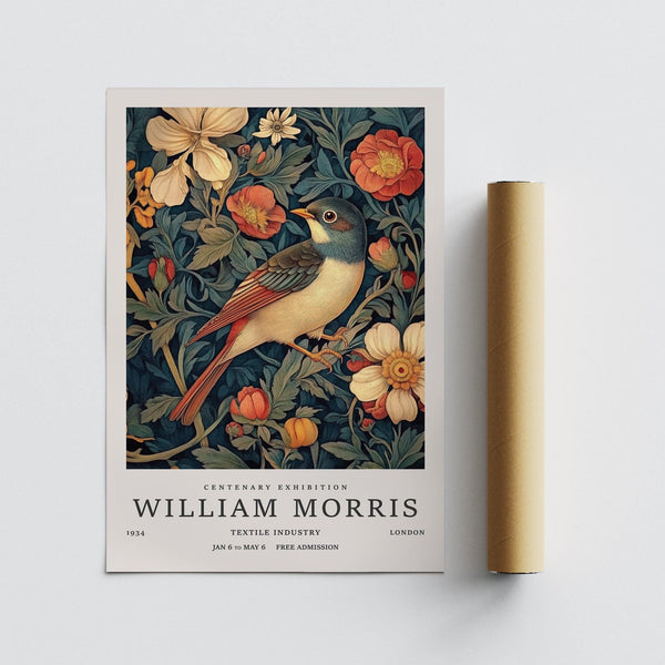 Vintage bird prints design featuring a long-tailed bird and intricate garden plants.