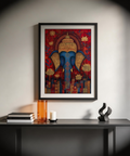 Textured wall art print featuring lotus stems around a symmetrical elephant motif