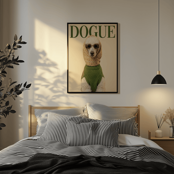 Fashion Poodle Wall Art poster featuring green sweater, perfect for bedroom decor
