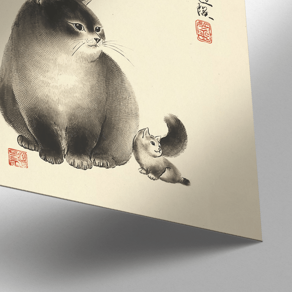 Elegant Sumi-e Cat Print in White, Gray, and Brown for hallway wall decor