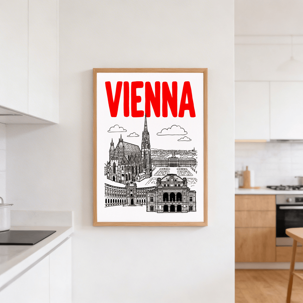 Hand-drawn Vienna Cityscape Print wall art with architectural linework and open sky