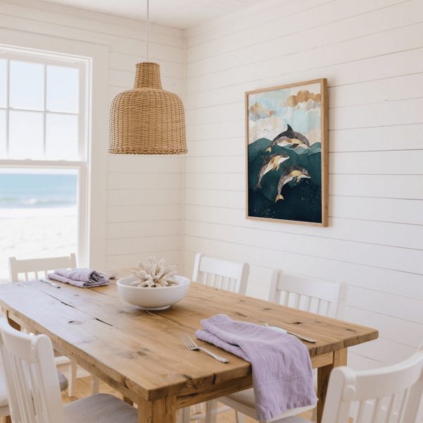 Blue and gold Dolphins Poster art print for bedroom decor