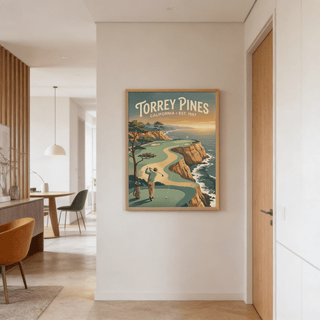 Aerial perspective artwork highlighting sandstone bluffs and blue sea