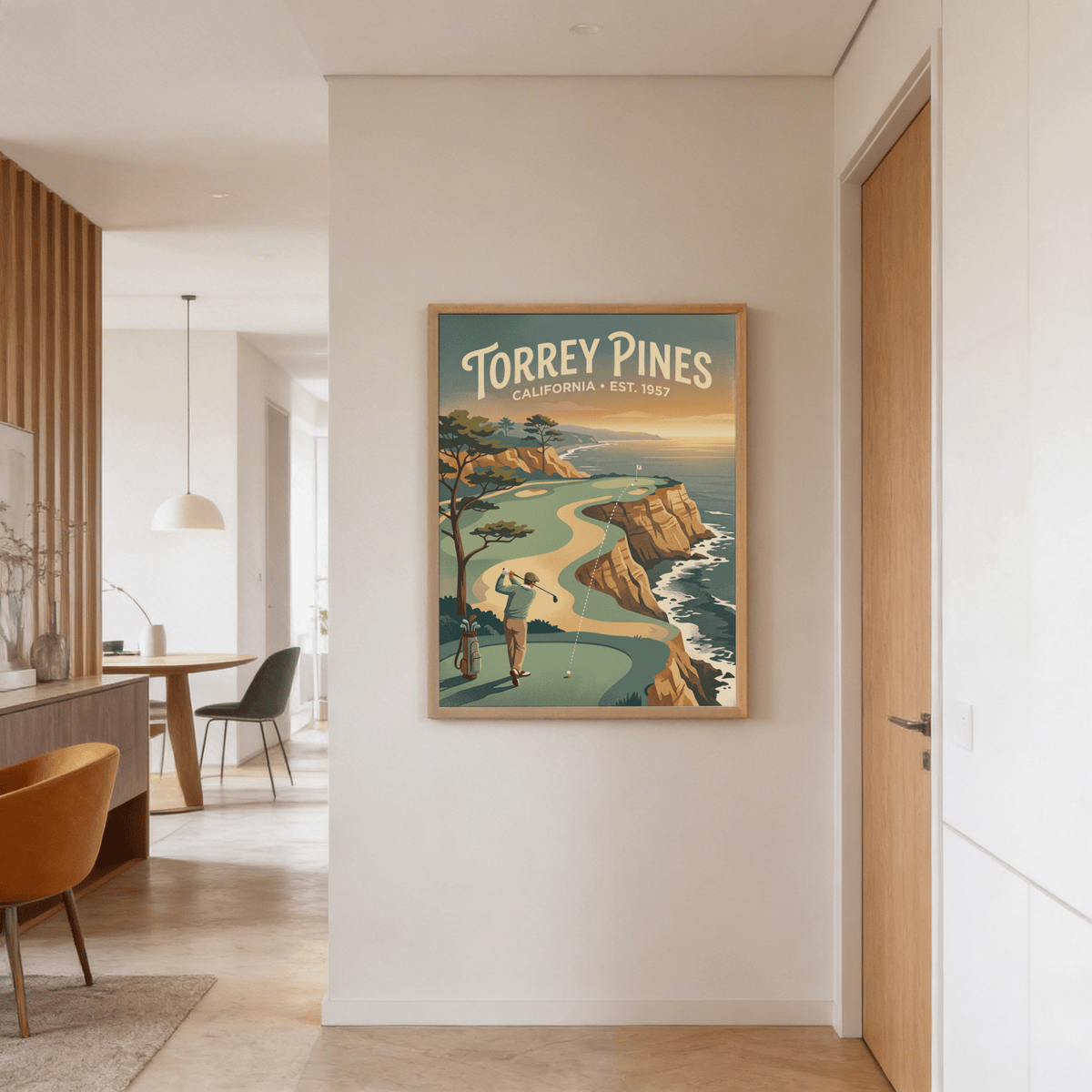 Aerial perspective artwork highlighting sandstone bluffs and blue sea