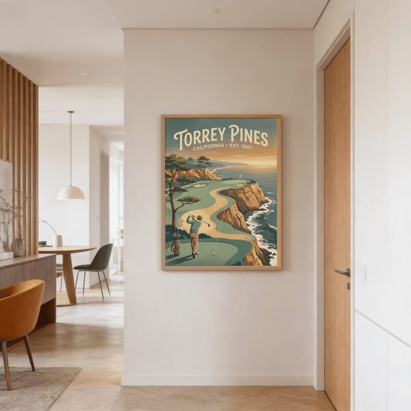 Aerial perspective artwork highlighting sandstone bluffs and blue sea