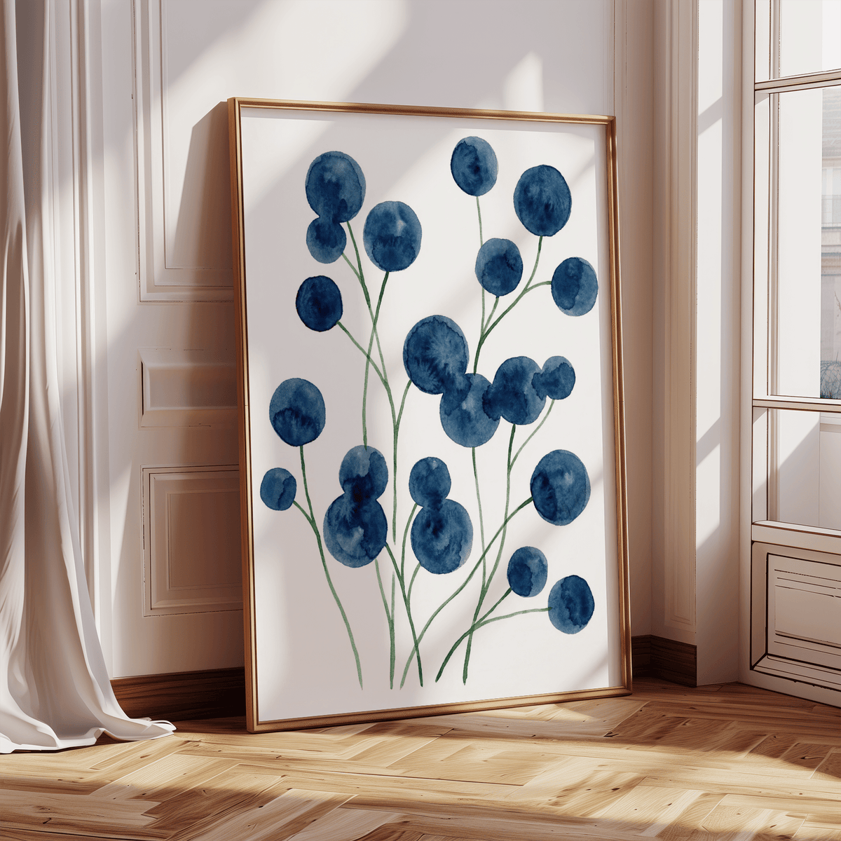 Blue and white Watercolor Flower Wall Art poster suitable for hallway decor