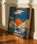 Square Prints for Wall with Japanese-inspired Blue ocean and Orange sun for study